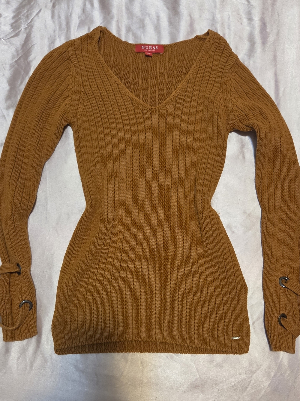 GUESS Ribbed V-Neck Sweater in Mustard